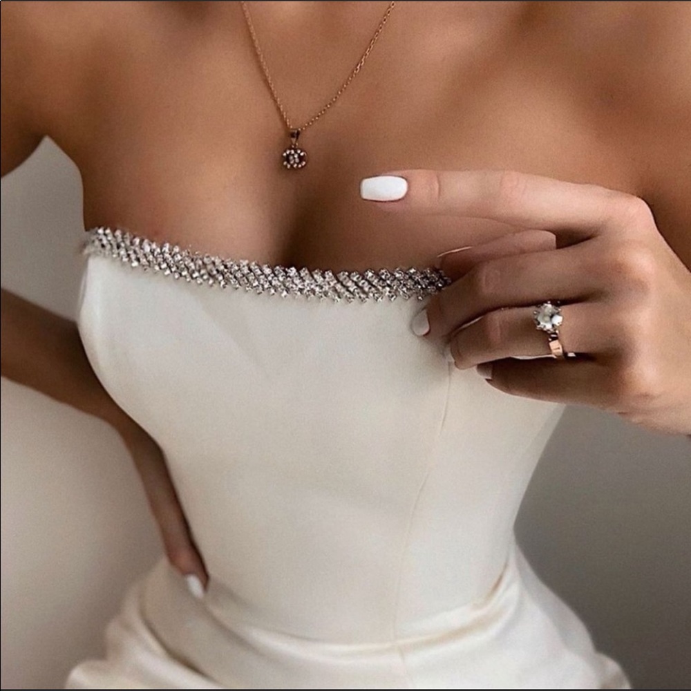 House of CB Rowan Ivory Satin Crystal Satin Strapless Dress - Picture 4 of 15